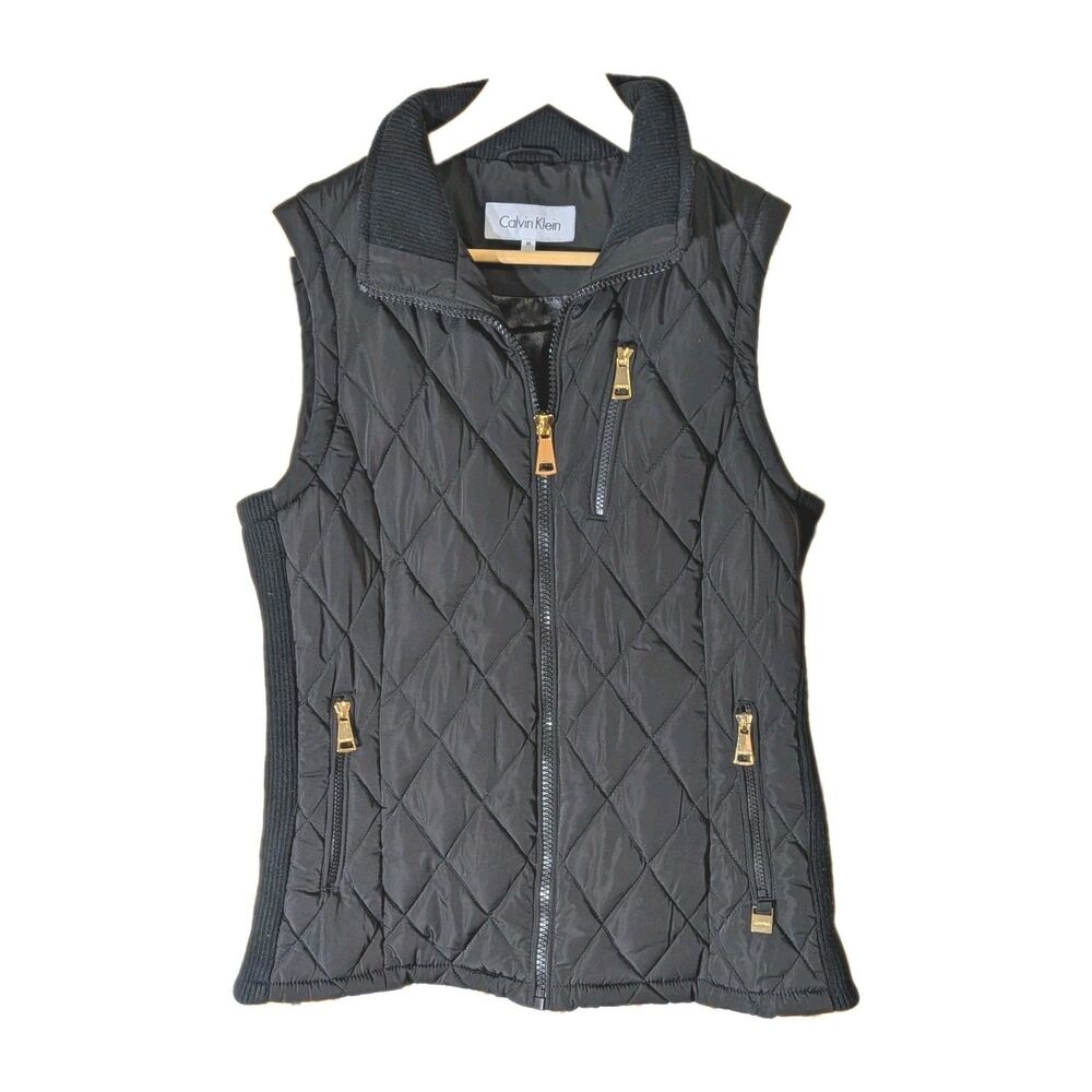 Calvin Klein Women's Black Quilted Puffer Ribbed Sides Vest Size Med
